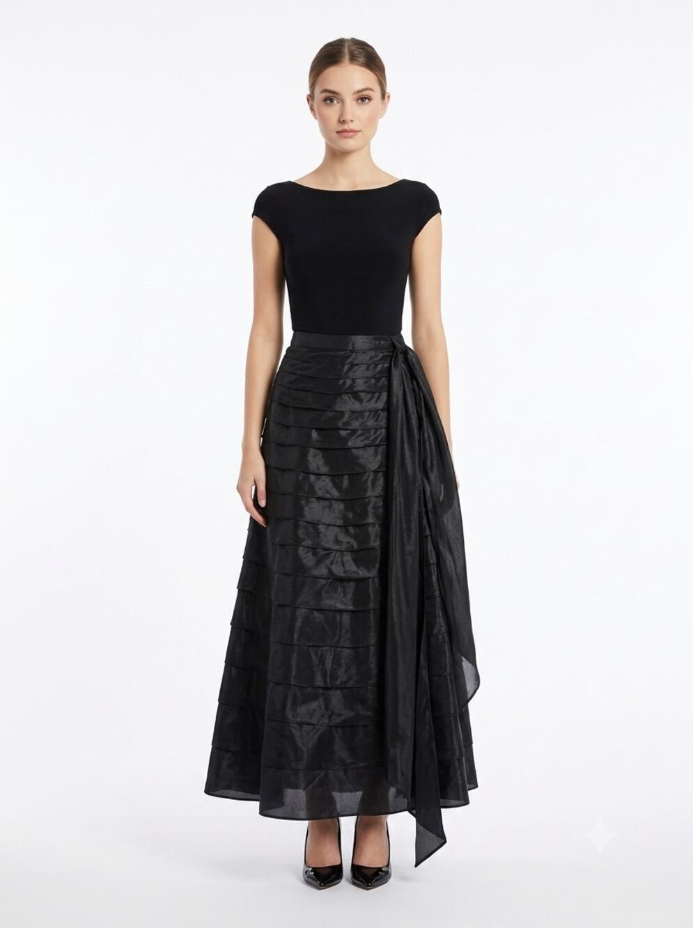 Jovani New York Taffeta Maxi Skirt Women's 4 Black Lined Pleated Tiered Evening